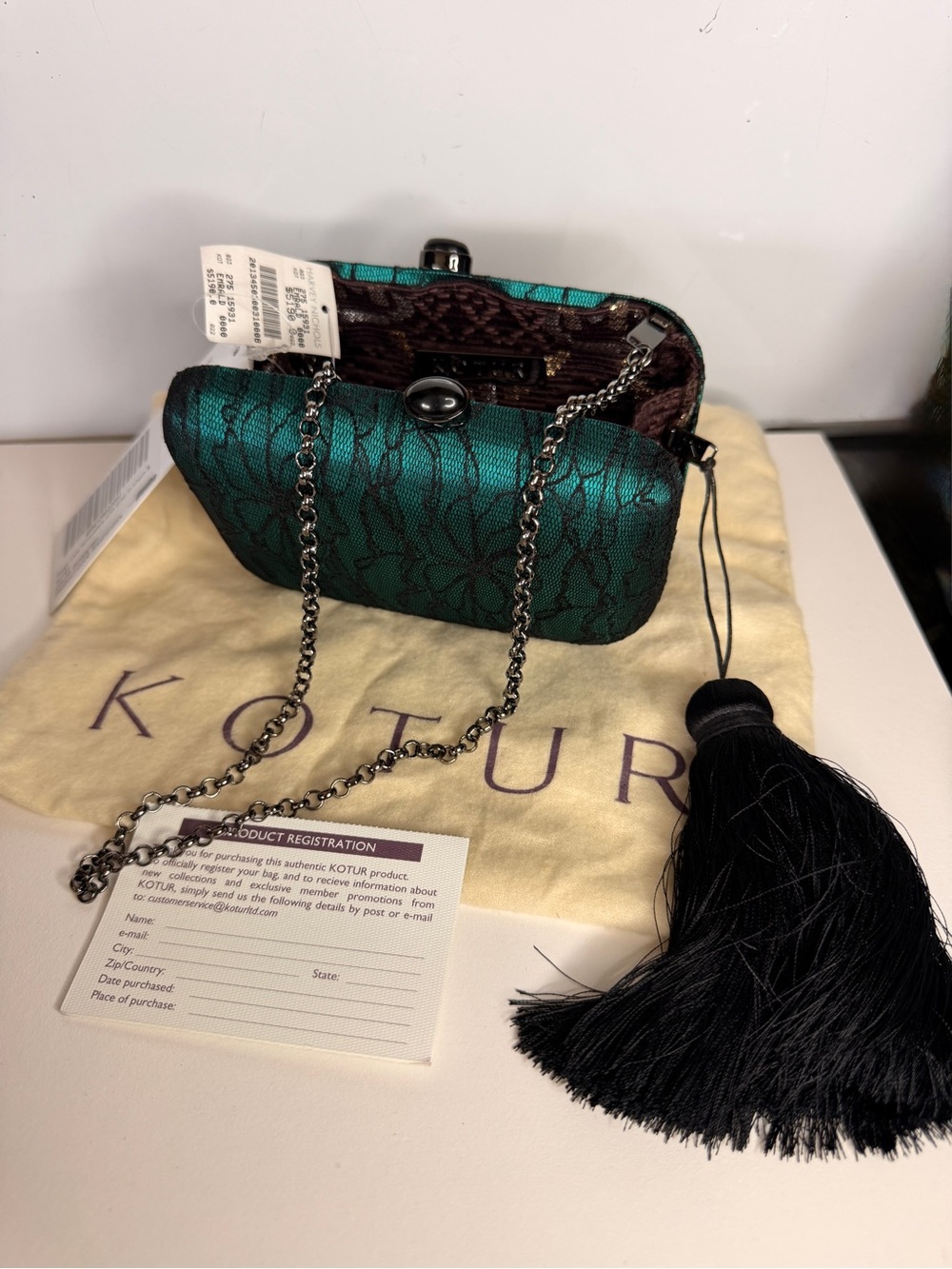 Margo Lace Minaudiere with drop in chain & tassels, Wintergreen.